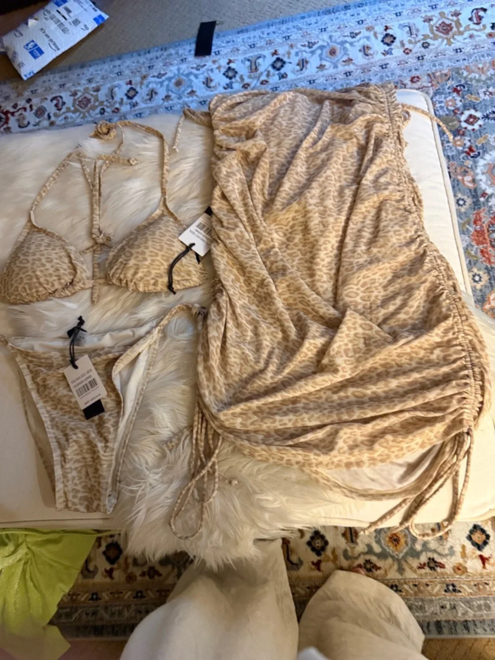 Kendall & Kylie Beige Leopard Print Triangle Bikini and cover up dress
